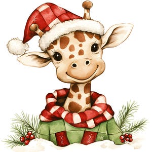 May include: A watercolor illustration of a giraffe wearing a red and white plaid Santa hat and a red and white striped scarf. The giraffe is also wearing a green sweater with red accents and is surrounded by greenery and red berries.