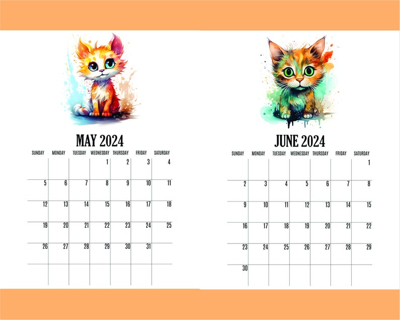 Cat Calendar 2024 Printable Calendar Kitten Calendar PDF Etsy Australia