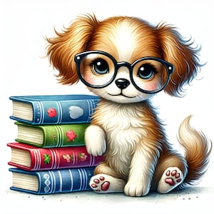 Dog With Books Clipart, 16 JPG, Printable Dogs Clip Art, Paper Craft, Card Making, Scrapbook Images, Digital Download, Commercial Use