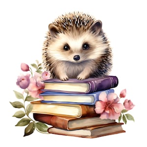 Ouriço sentado em uma pilha de livros clipart, 16 JPGs, livros de aquarela, ouriço clipart, livros clipart, volta às aulas, uso comercial