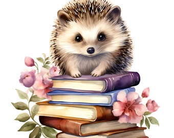 Hedgehog Sitting On A Stack Of Books Clipart, 16 JPGs, Watercolor Books, Hedgehog Clipart, Books Clipart, Back To School, Commercial Use