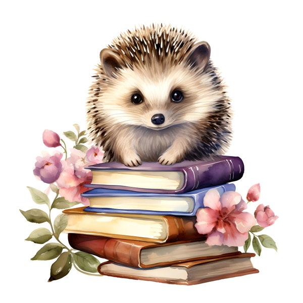 Hedgehog Sitting On A Stack Of Books Clipart, 16 JPGs, Watercolor Books, Hedgehog Clipart, Books Clipart, Back To School, Commercial Use