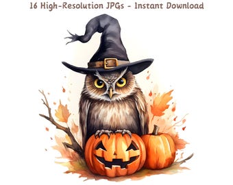 Watercolor Halloween Owl Clipart: Witch Hat, Pumpkin (Digital Download)