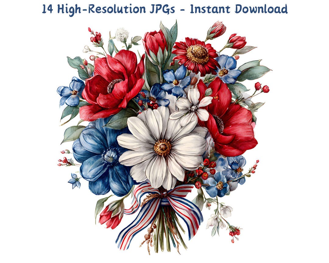 Patriotic Floral Clipart | Vintage 4th of July Flowers (14 JPG Files ...
