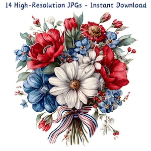 Buquê de flores patrióticas vintage em aquarela | Flores vermelhas, brancas e azuis de 4 de julho | 14 arquivos JPG | Diário de lixo | Download instantâneo