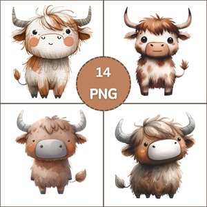 Puede incluir: Cuatro ilustraciones digitales de yaks peludos marrones y blancos con cuernos marrones. Los yaks están mirando hacia adelante con la boca cerrada. Los yaks son de estilo de dibujos animados y tienen ojos grandes.