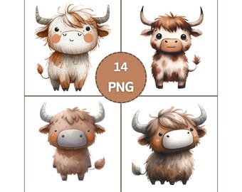 Highland Kuh Clipart: 14 Aquarell Rinder PNG Bilder (Digital Download)
