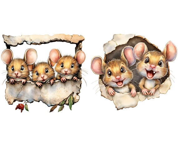 水彩画のネズミのクリップアート：壁の穴に潜む面白いネズミ（デジタル