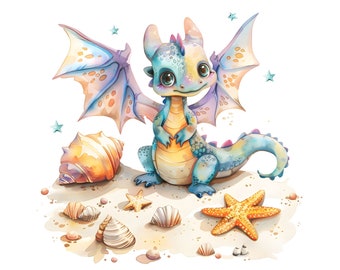 Watercolor Beach Dragon Clipart: Summer Sea JPGs (Digital Download)