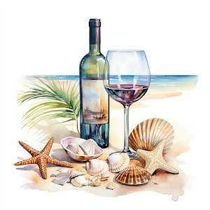 Aquarel strandwijn clipart, 24 hoge kwaliteit JPG, Summer Beach-illustraties, Digital Paper Craft, kaarten maken, scrapbooking, commercieel gebruik