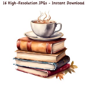 Pila di libri ad acquerello con tazza da caffè Clipart, estetica di lettura accogliente, arte digitale per amanti dei libri, 16 JPG, download immediato, uso commerciale