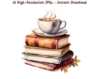 Watercolor Books and Coffee Clipart: Cozy Reading Art (Digital Download)