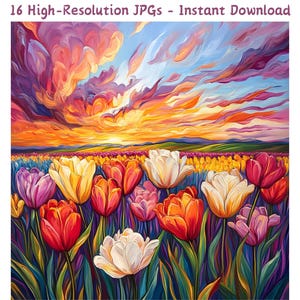 Acryl tulpenveld bij zonsondergang digitale papier clipart, jpg-download voor scrapbooking, kaarten maken en knutselen, commercieel gebruik