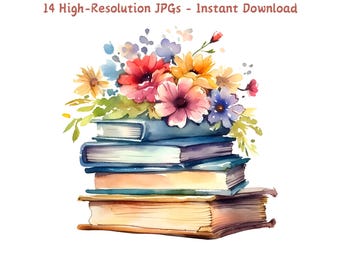 Watercolor Books and Flowers Clipart: 14 JPG Art Images (Digital Download)