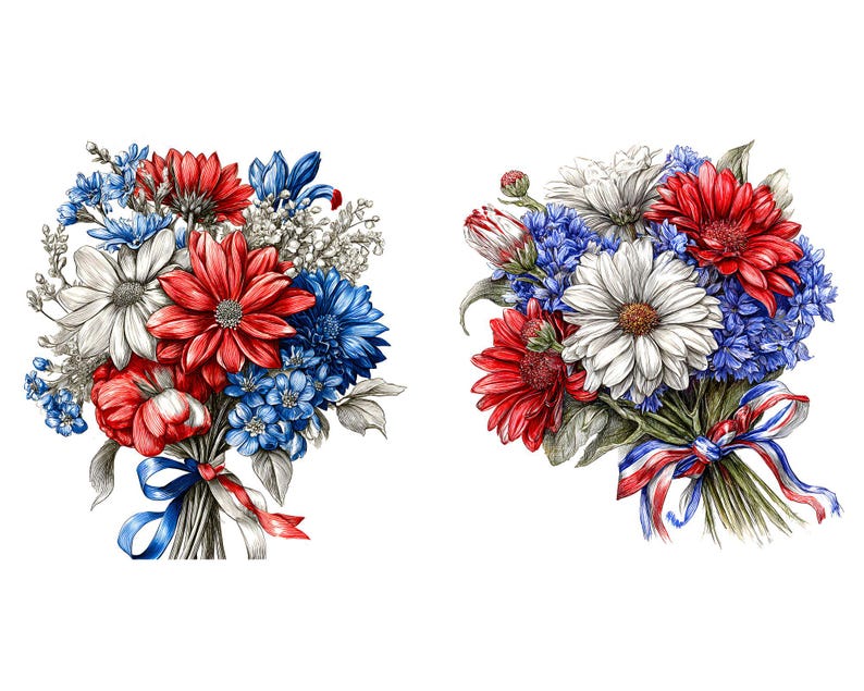 Patriotic Flower Bouquet Clipart: 4th of July Pencil Art (12 JPG Files ...