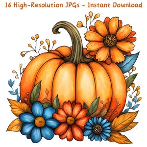 Watercolor Cute Pumpkin with Flowers Clipart, Fall Floral Pumpkin, Autumn Harvest Digital Art, 16 JPG, Instant Download, Commercial Use
