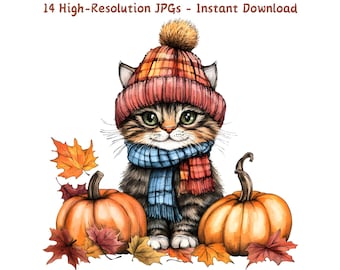Autumn Kitten Watercolor Clipart: Pumpkins & Fall Decor (14 JPG Files)