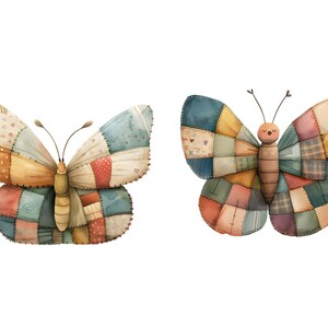 May include: Two colorful patchwork butterflies with brown antennas and a brown body. The butterfly on the left has a light blue, brown, and orange patchwork design. The butterfly on the right has a blue, brown, and yellow patchwork design.