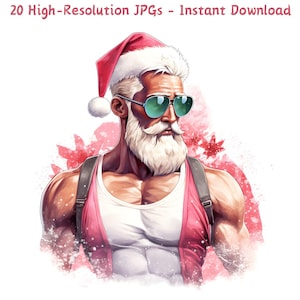 Watercolor Muscular Santa Claus Clipart, Bodybuilder Santa with Sunglasses Christmas Art, 20 JPG Files, Digital Download, Commercial Use