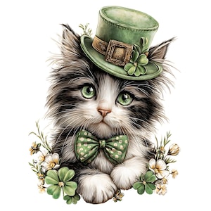 May include: A charming illustration of a black and white kitten with green eyes, wearing a green top hat and bow tie with white polka dots. The kitten is surrounded by shamrocks and flowers, perfect for St. Patrick's Day.