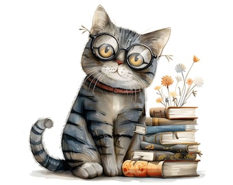 Watercolor Kitten Clipart, Cat With Books, Book Lover (Digital Download)