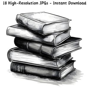 Sketch Stack of Books Clipart, Black & White Illustration, 18 JPG Files for Scrapbooking, Junk Journal, Digital Download, Commercial Use
