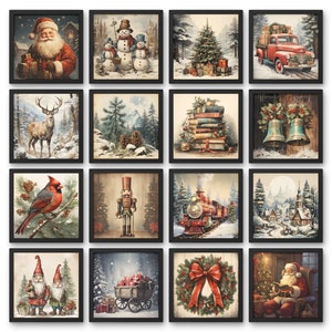 Vintage kerstmuurkunst, vierkante muurafdruk, kerst afdrukbare muurkunst, kerstmis wanddecoratie, digitale kerstafdrukken, vierkante posterafdruk