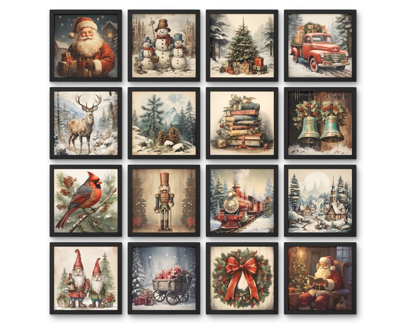 K&ouml;nnte beinhalten: Ein Set mit 12 gerahmten Weihnachtsmotiven. Die Illustrationen zeigen verschiedene Winterszenen, darunter den Weihnachtsmann, Schneem&auml;nner, ein Reh, einen Kardinal, einen Nussknacker, einen Zug, eine Kirche, einen Kranz und Gnome.