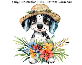 水彩画風 子犬のイラスト アート 水彩画風の犬と花のクリップアート：花柄の子犬のイラスト（デジタル