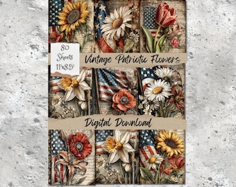 Páginas de diario de recortes con flores patrióticas vintage, 4 de julio, bandera estadounidense floral (80 JPG)