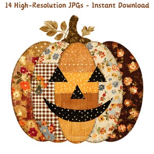May include: A patchwork pumpkin design with a smiling face, featuring various fabric patterns like floral, polka dots, and gingham. The pumpkin has a stem and leaves at the top. Text at the top reads "14 High-Resolution JPGs - Instant Download".