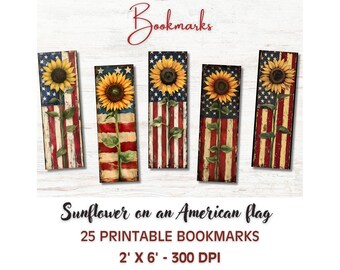 Rustic American Flag Sunflower Bookmark: Printable Patriotic Art (PNG/JPG Digital Download)