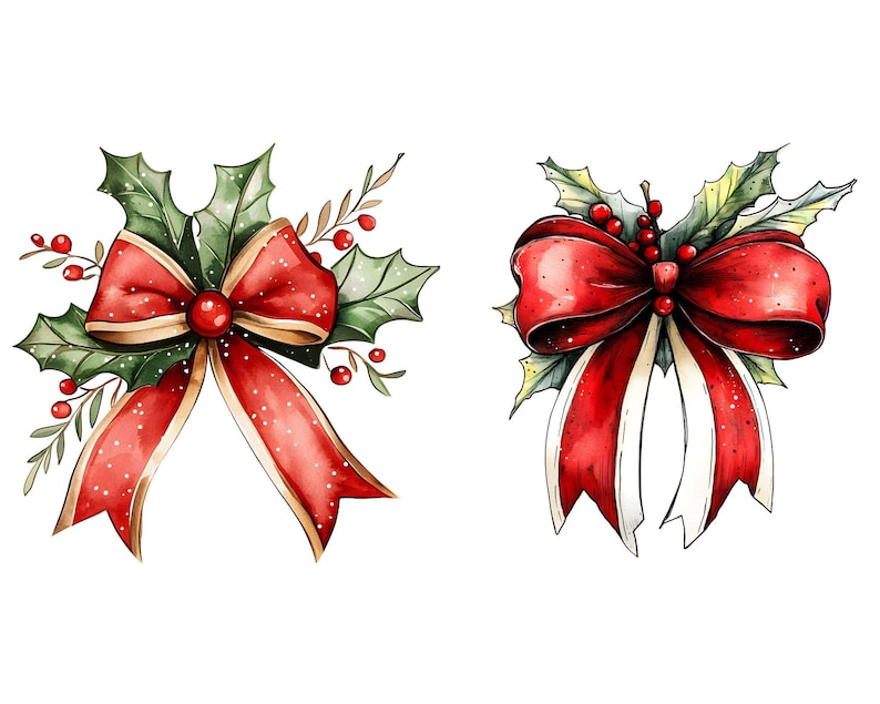Christmas Ribbon Bow Watercolor Clipart – 14 JPG | Festive Holiday Red ...