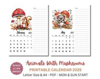 2025 Monthly Planner Printable with Cute Animals And Mushrooms, A4 & US Letter, Monday and Sunday Start, PDF JPG Calendar, Digital Download