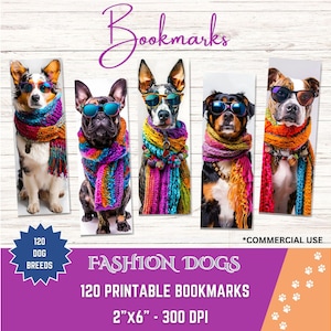 サングラスとスカーフをつけたおしゃれな犬のプリント可能なブックマーク、2'x6' デジタルアート、DIY クラフト、スクラップブック、カード作成、デジタルダウンロード用