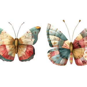 May include: Two colorful butterflies with patchwork wings. The butterflies are made of fabric and have a vintage, whimsical style.