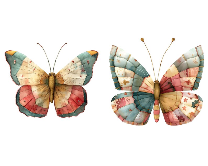 May include: Two colorful butterflies with patchwork wings. The butterflies are made of fabric and have a vintage, whimsical style.