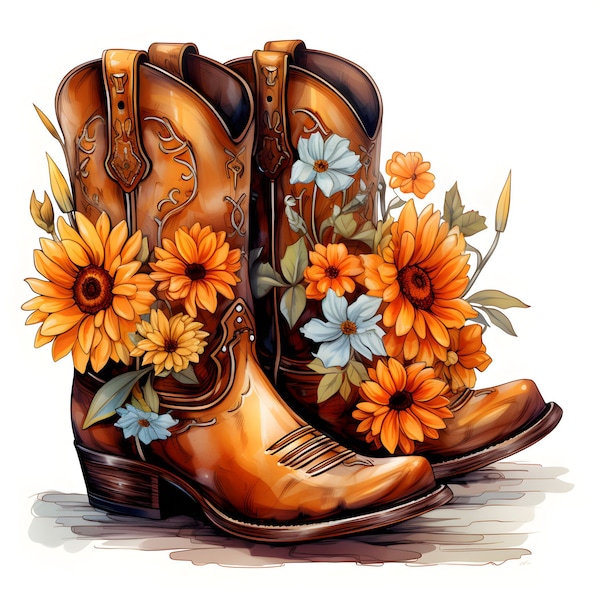 Watercolor Cowboy Boots And Flowers, 12 JPGs, Cowgirl Boots Clipart, Floral Boots, Flower Clipart, Digital Craft, Commercial Use