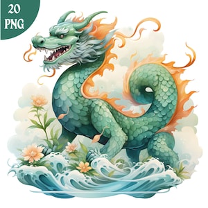 Clipart PNG di drago cinese ad acquerello, zodiaco cinese, anno del drago, capodanno cinese, artigianato di carta digitale, creazione di biglietti, uso commerciale
