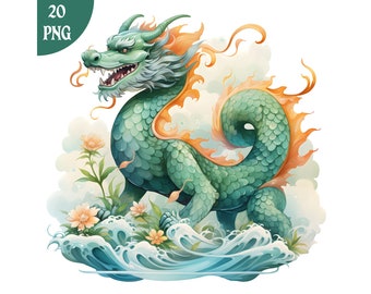 Watercolor Chinese Dragon PNG Clipart: Zodiac New Year Art (Digital Download)