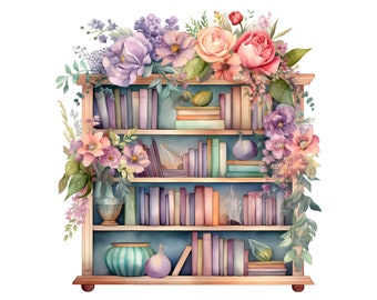 Watercolor Flower Bookcase Clipart: 18 PNG Files (Digital Download)