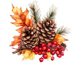 Watercolor Autumn Leaves Clipart: Pine Cones & Berries (JPG Digital Download)