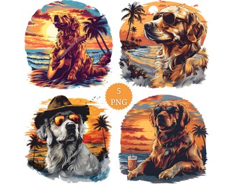 Beach Dog Clipart: Golden Retriever Summer PNG Graphics (Digital Download)