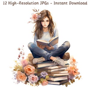 Aquarell Mädchen lesend auf Stapel Bücher Clipart, gemütliche Buchliebhaber digitale Kunst, lesen Clipart für Sublimation und Kunsthandwerk, 12 JPG-Dateien