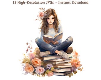 Aquarell Mädchen lesen Clipart: Buchliebhaber digitale Kunst (12 JPG-Dateien)