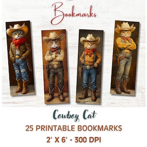 Afdrukbare bladwijzers cowboykat, 25 png\JPG westerse olieverfschilderij bladwijzerset met antropomorfe kat in cowboyhoed en laarzen, grillige kat