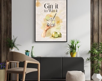 Gin and Tonic Cocktail Print| Home and Kitchen Wall Art| Bar Cart Decor| Gin Tonic Wall Art| Cocktail Poster| Gin Print| Gin Lover Gift