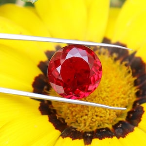 May include: A vibrant, deep red, round gemstone, held by silver tweezers, is set against a bright yellow flower with a dark brown centre. The cut of the gem reflects light, highlighting its facets.
