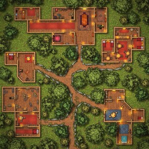 Mapa de batalha TTRPG, Woodland Village, digital
