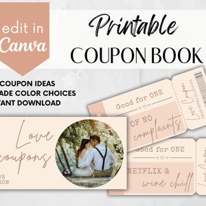 Editable Love Coupons, Printable Love Coupon Book, Valentine Gift, Birthday Gift for Him, Canva Template